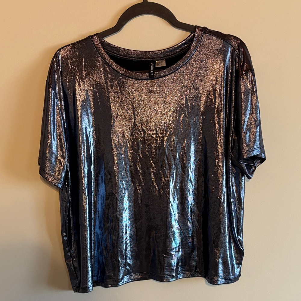 Divided Shimmering Metallic Black Short Sleeve Top